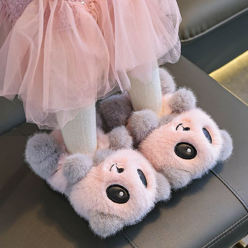 Cute panda children's slippers girls indoor slip on shoes, 2025 cartoon animal fur slippers house children flip flops