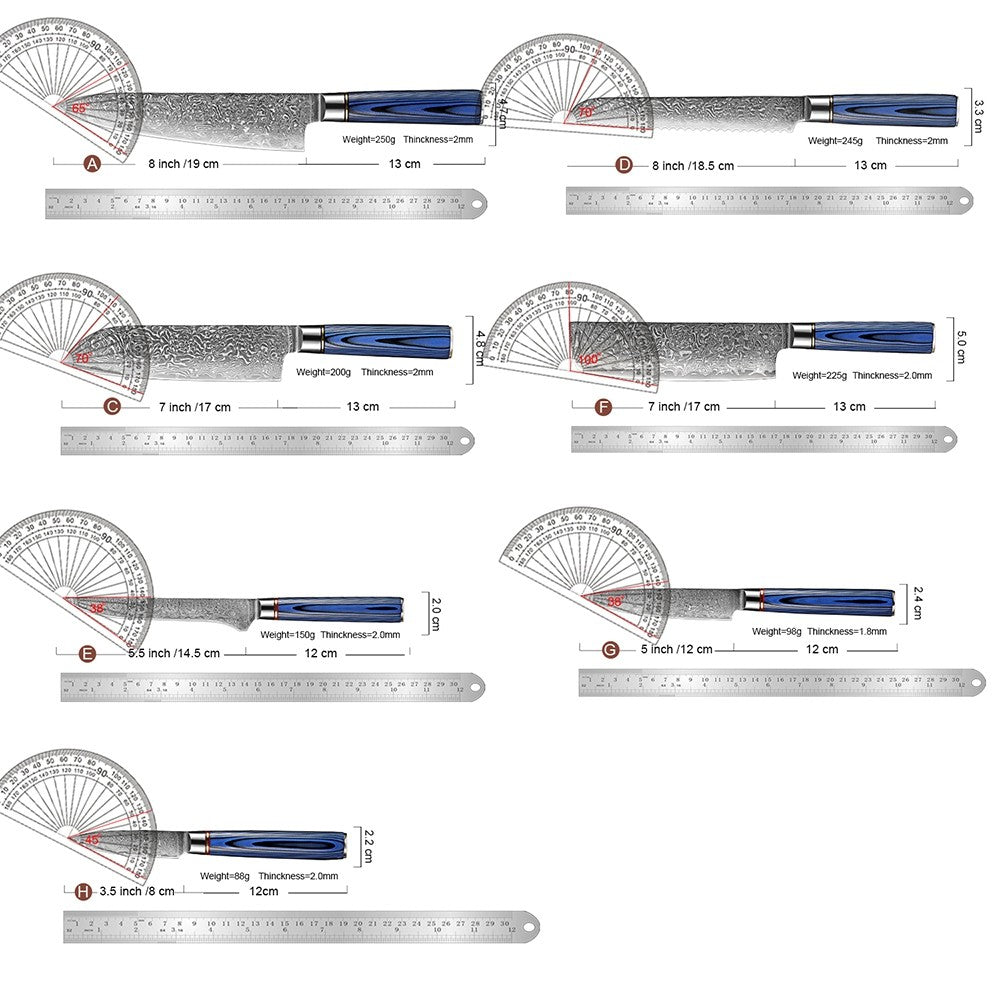 Conjunto de Facas de Cozinha 1-7 Peças, Aço Damasco Ultra Afiado para Chefe, Pão, Santoku, Desossar, Utilitárias, Lâmina com Padrão de Rosa Cabo G10 Azul