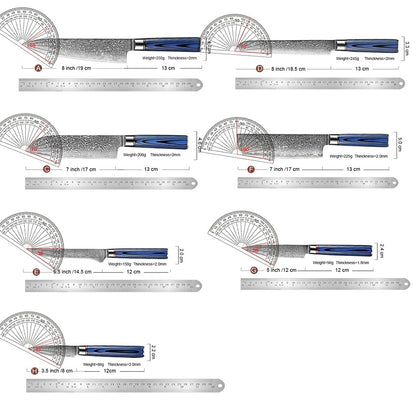 Conjunto de Facas de Cozinha 1-7 Peças, Aço Damasco Ultra Afiado para Chefe, Pão, Santoku, Desossar, Utilitárias, Lâmina com Padrão de Rosa Cabo G10 Azul