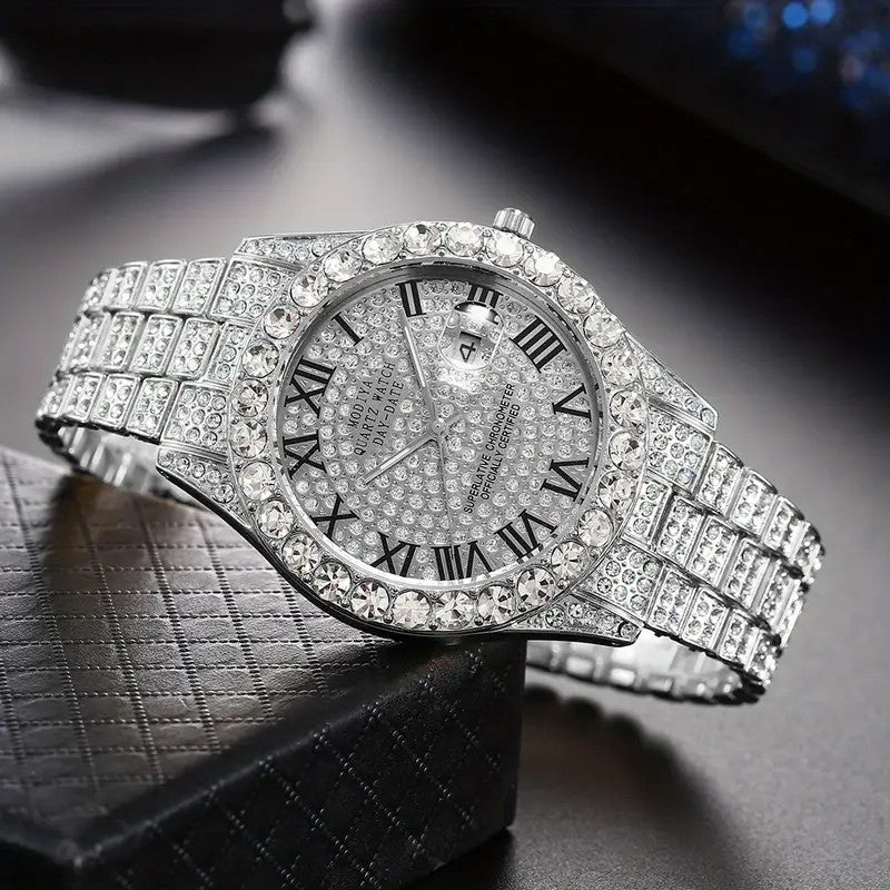3pcs Necklace+Bracelet+Watch Cuban Chain Watch for Men Hip Hop Miami Curb Iced Out Paved Rhinestone Rapper Cuban men Jewelry set