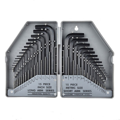 30 Peças Chave Allen Sextavada 0.028"- 3/8" Polegadas & 0.7mm-10mm Tamanho Métrico Aço Cromo-vanádio Chave Ferramenta Braço Longo Conjunto