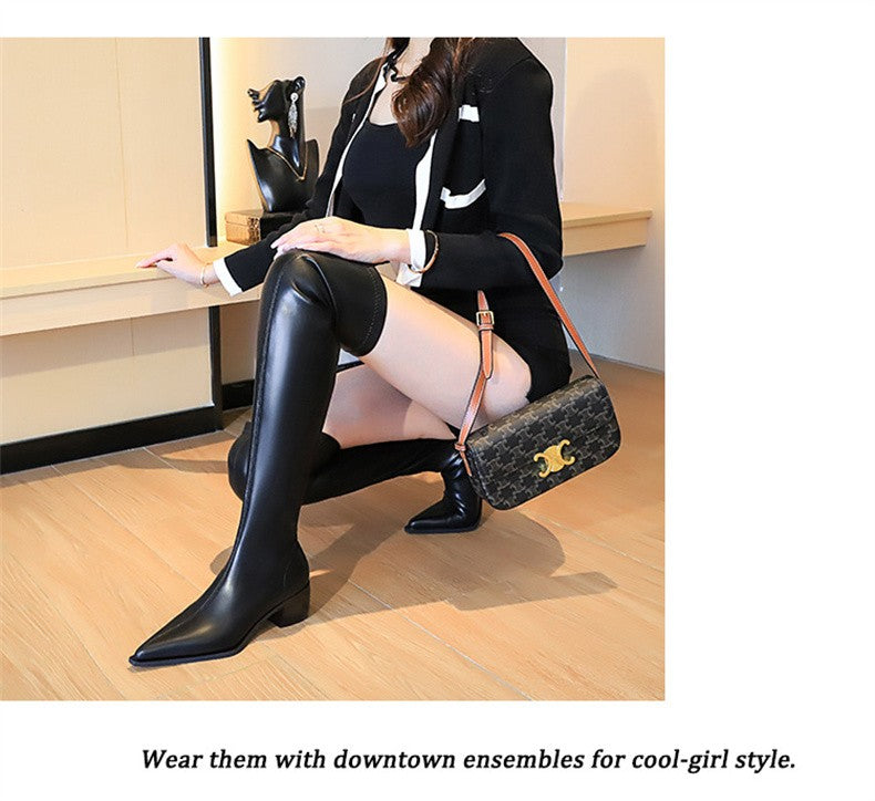 2024 New Autumn Women's Pointed Toe Boots Over-the-Knee Sewing Slip On PU Leather Square Heel Street Style Shoes Black