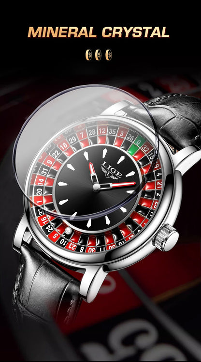 LIGE Quartz Man Watch Fashion Luxury Creative Roulette Game Dial Design Leather Casual Life Waterproof Watches for Men Gifts+Box