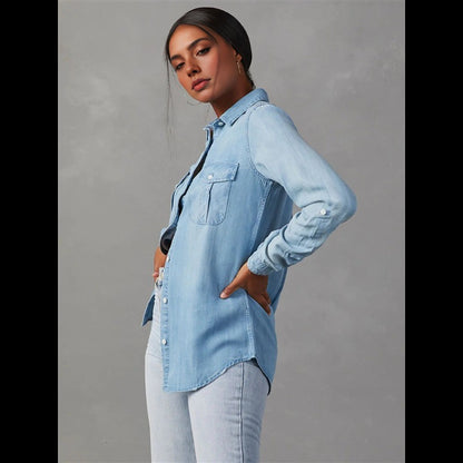 NEW-Women Double Pockets Spliced Decoration Denim Shirt Jacket Single-Breasted Lapel Casual Female Tops