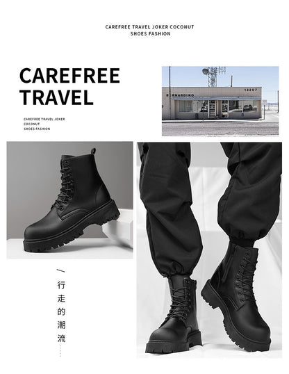 Botas casuais de casal, para quatro estações, masculinas e femininas, de cano alto, em couro, fashion, com sola grossa, antiderrapantes, plus size, para uso ao ar livre