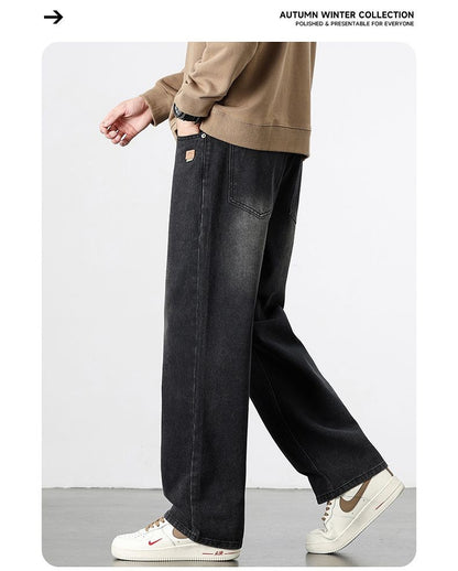 Calça Jeans Masculina Reta Vintage de Primavera Outono Calça Casual de Alta Qualidade Masculina Coreana Moderna Folgada de Perna Larga