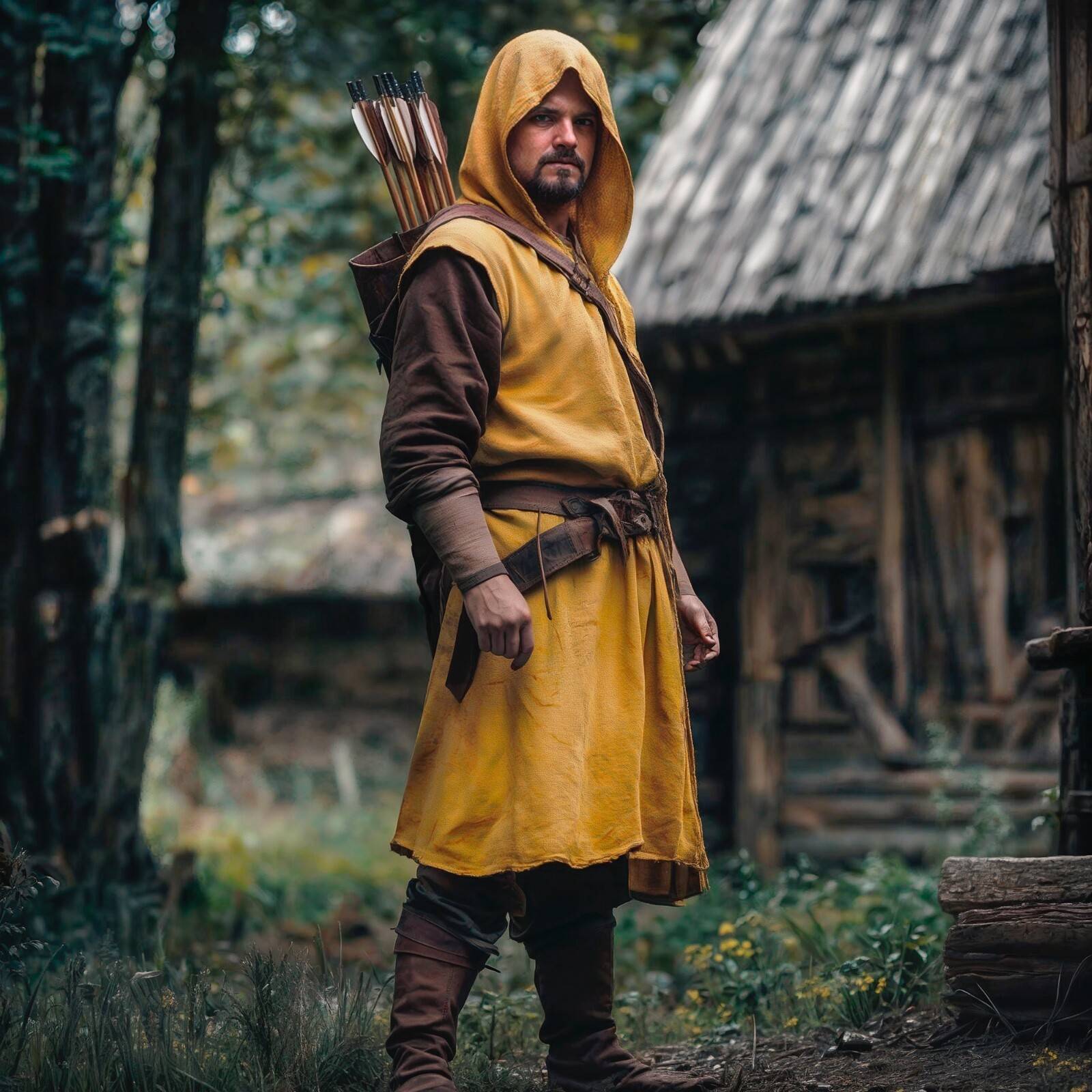 Medieval Mens Surcoat, Linen Hooded Tunic, Renfaire Cape, LARP Ranger Cosplay