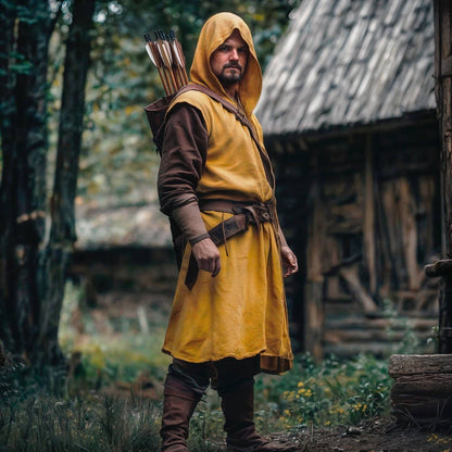 Medieval Mens Surcoat, Linen Hooded Tunic, Renfaire Cape, LARP Ranger Cosplay