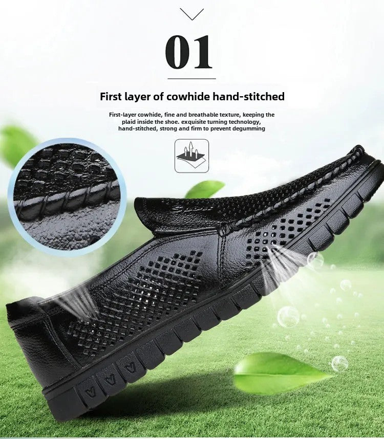 Plus Size Breathable Hollow Out Leather Sandals For Men Summer Comfortable Slip-Ons With Gap Between The Shoes And The Ground