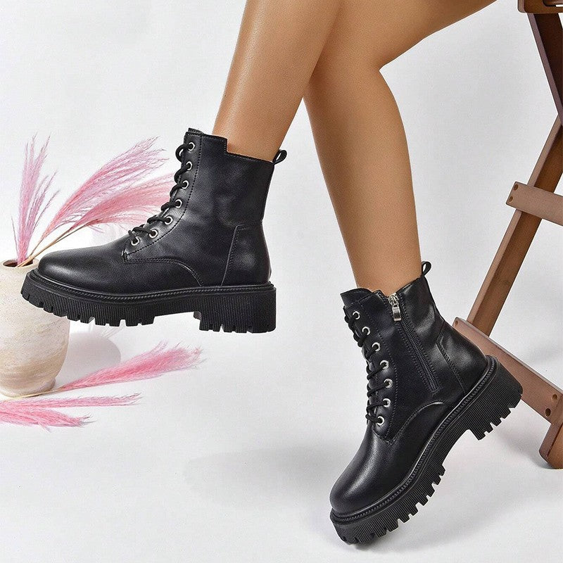 Thick Warm Long Plush Ankle Boots for Women Winter 2024 Lace Up Pu Leather Motorcycle Boots Woman Plus Size Short Booties Shoes