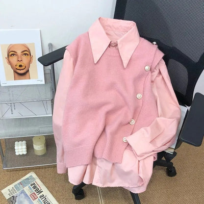Japanese Women's Knitted Vest Shirt Two-Piece Set 2025 Spring Autumn Casual Side Buckle Vest Matching Long Sleeve Blouse