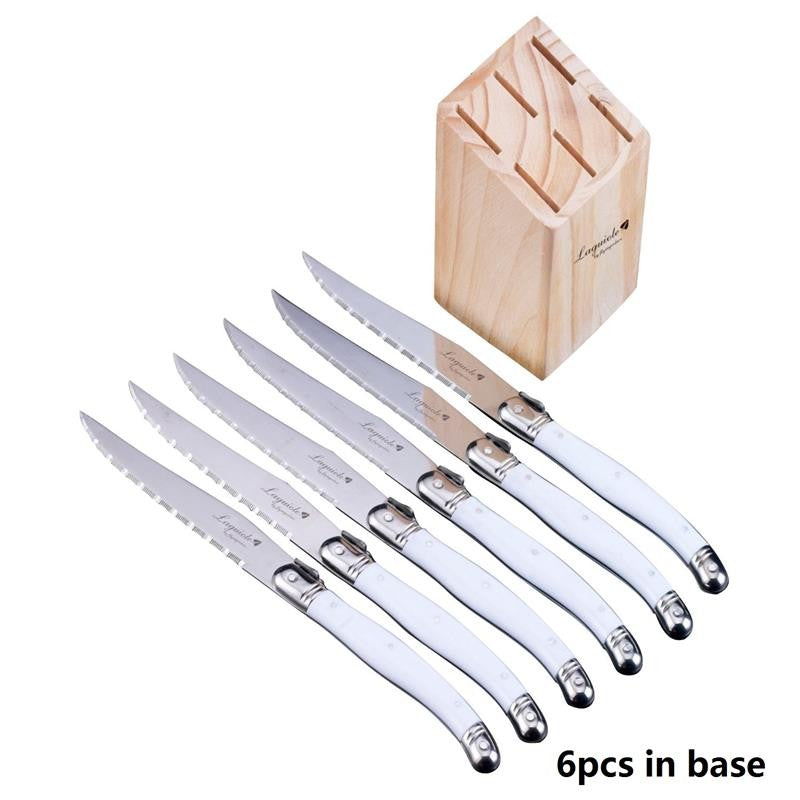 Conjunto de Facas de Churrasco Laguiole em Aço Inoxidável 6/7 Peças, Facas de Churrasco com Suporte de Madeira, Faca de Jantar de Aço, Conjunto de Talheres Coloridos de Natal