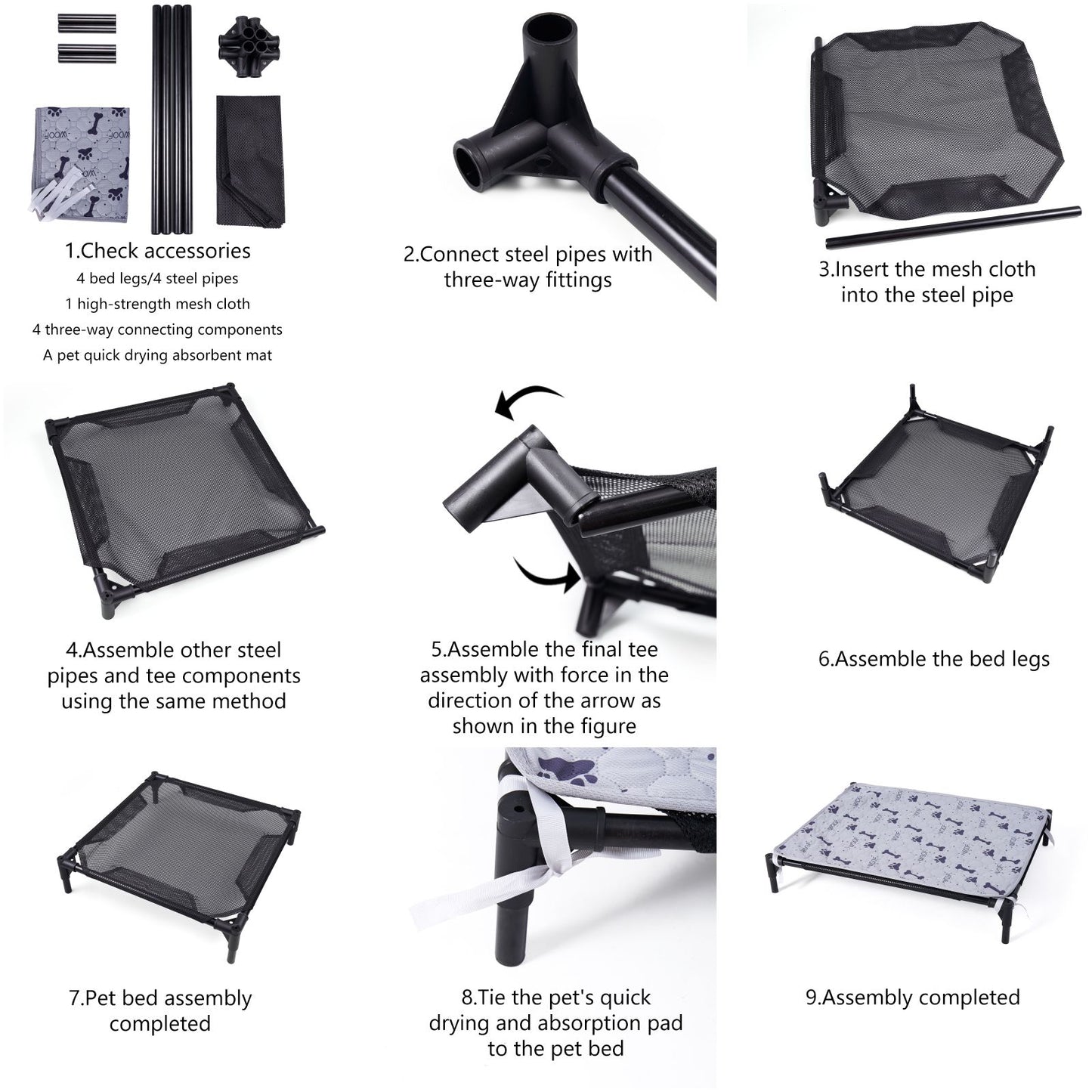 Cama Elevada para Cães Filhotes com Estrutura Metálica Montável, Cama Portátil para Cães, Fácil de Limpar, Malha Respirável, Cama para Cães e Gatos, Uso Interno e Externo