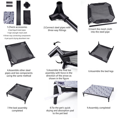 Cama Elevada para Cães Filhotes com Estrutura Metálica Montável, Cama Portátil para Cães, Fácil de Limpar, Malha Respirável, Cama para Cães e Gatos, Uso Interno e Externo