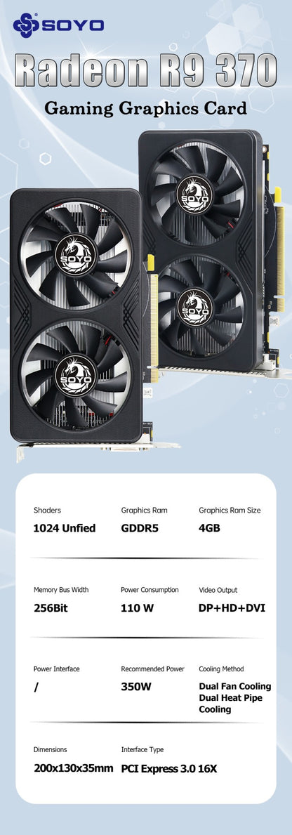 SOYO R9 370 Graphics Cards 4G DDR5 256bit HDMI compatibility+DP+DVI For Desktop Gaming Computer Components GPU Video Card