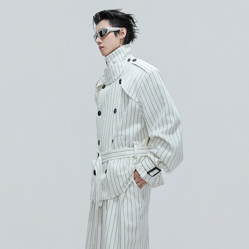 LUZHEN Fashion Stripe Printed Stand Neck Double Breasted Male Coat 2025 Autumn New Handsome Straight Casual Trousers Men JY4780