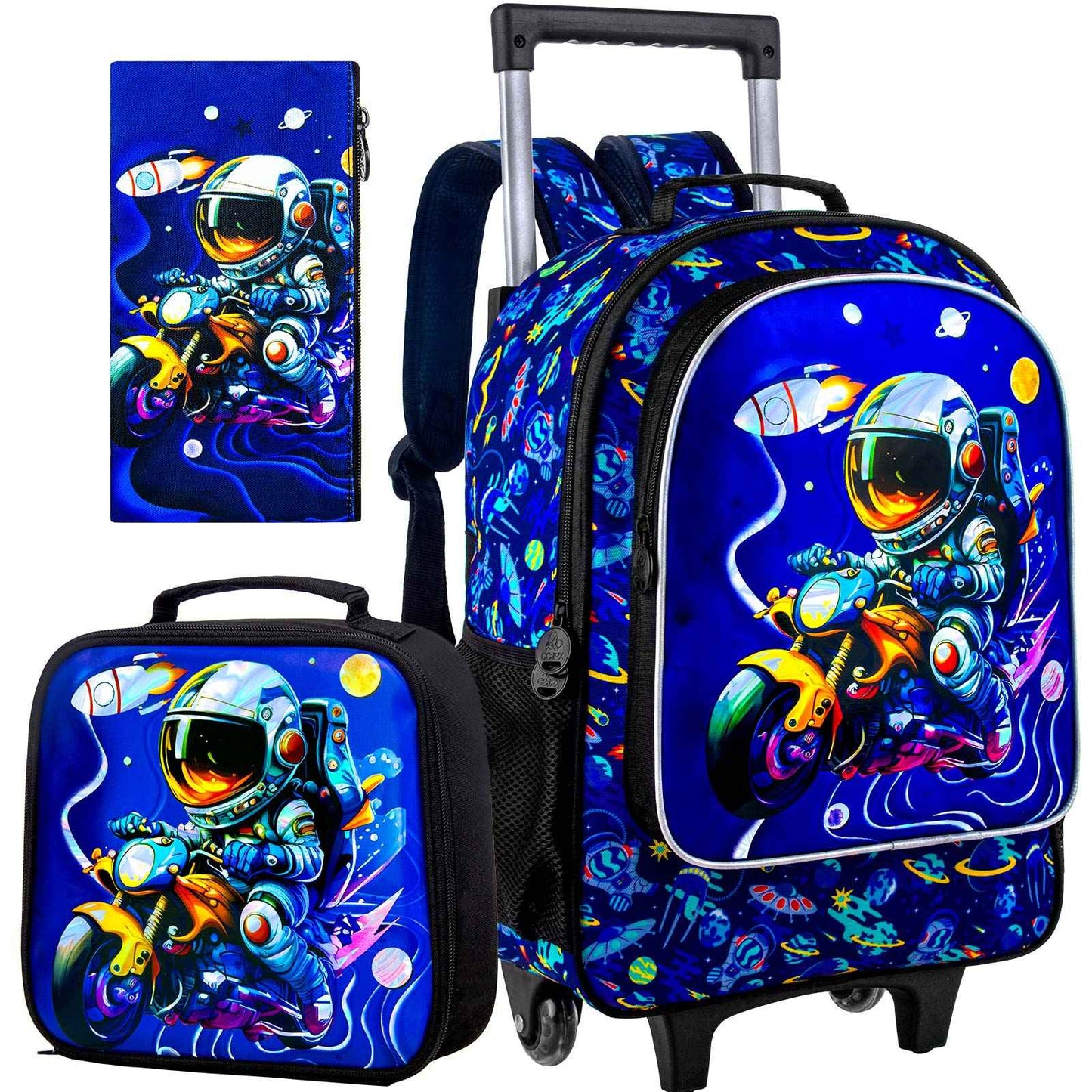 3PCS Astronaut Rolling Backpack for Boys, Kids School Backpacks with Wheels,  UV Printed Roller Wheeled Bookbag