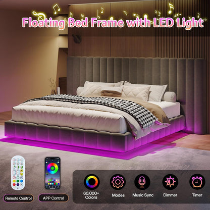 Estrutura de Cama Queen com Luzes LED e Cabeceira Estofada Grande, Plataforma Moderna de Veludo com Design Flutuante, Sem Box