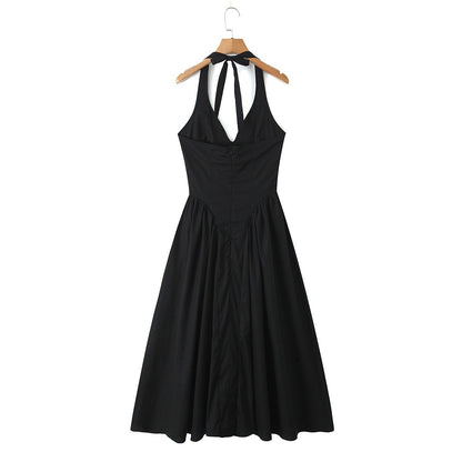 YENKYE Sexy Backless Green Elegant Halter Dress For Women Low Waist A-line Midi