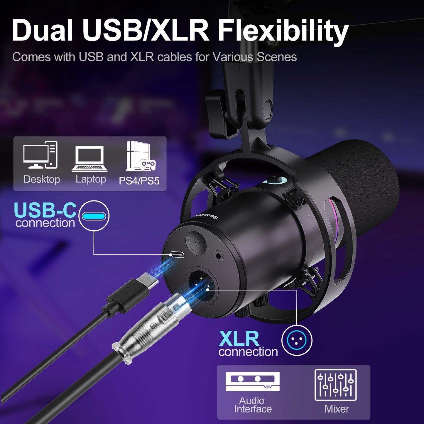 Kit de Microfone Dinâmico XLR/USB, Microfone de PC para Transmissão, Podcast, Jogos, RGB, Função de Silenciar e Cancelamento de Ruído, Volume