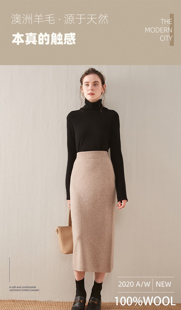 100% pure wool skirt new women's autumn and winter mid-length high-waisted thin cashmere skirt knitted all-match hip skirt