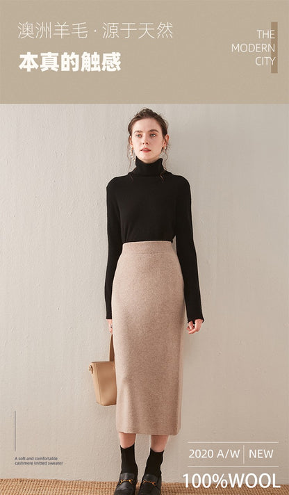 100% pure wool skirt new women's autumn and winter mid-length high-waisted thin cashmere skirt knitted all-match hip skirt