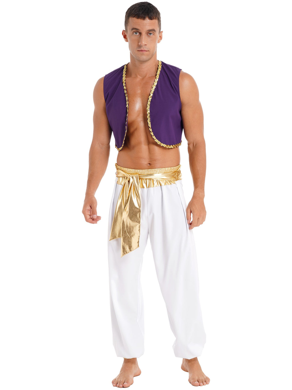 Aladin Costume Men Arabian Prince Cosplay Dress Up Waistcoat Top Harem Pants Suit Halloween Theme Party Carnival Stage Outfits