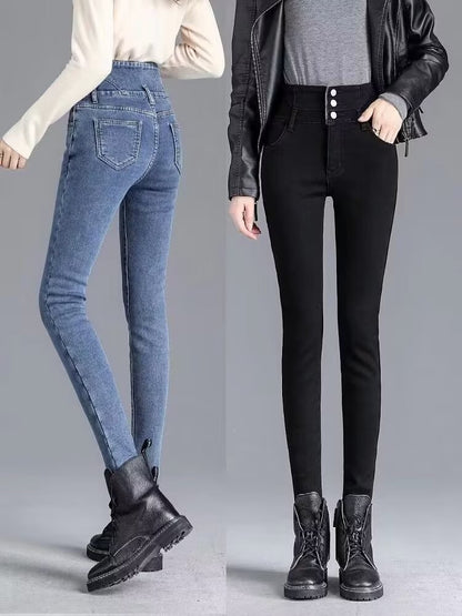 Autumn Winter Skinny Jeans Fashion Women Thermal Fleece High Waist Stretch Warm Pencil Pants Casual Velvet Button Denim Pant