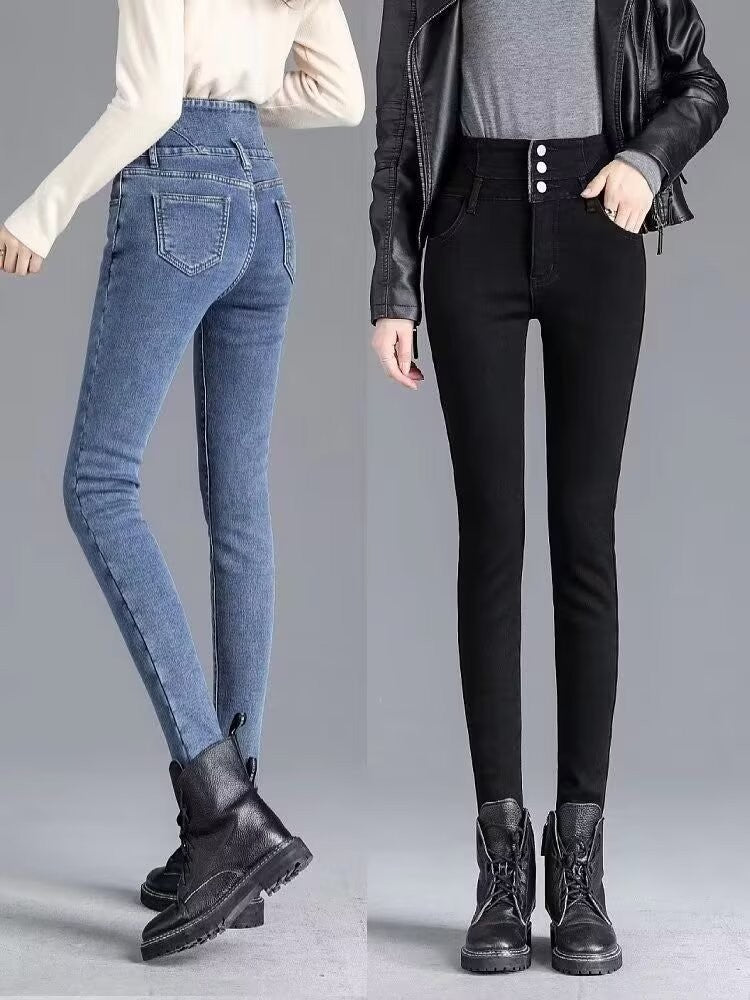 Autumn Winter Skinny Jeans Fashion Women Thermal Fleece High Waist Stretch Warm Pencil Pants Casual Velvet Button Denim Pant