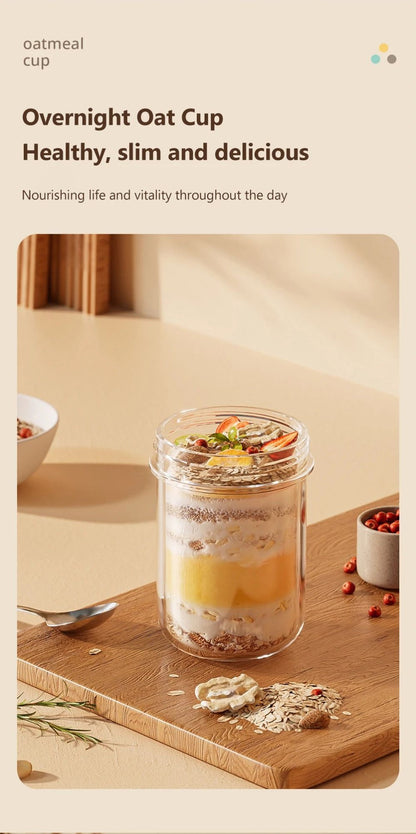 Copo de Aveia Noturna com Tampa e Colher 430ML - Vidro, Selável, Portátil, para Café da Manhã, Cereal, Leite, Salada, Iogurte - Item de Cozinha
