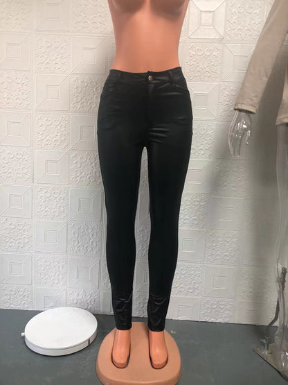 Solid color PU leather pants casual sexy pants