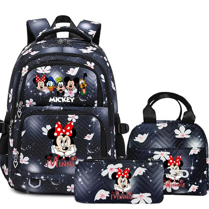 Mochila Mickey Minnie 3 Peças para Meninas e Meninos com Lancheira e Estojo, Mochila Escolar Fofa para Ensino Fundamental e Médio, Presente de Natal