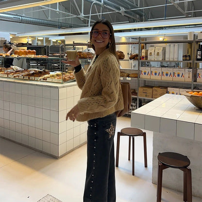 Women Y2K Vintage Jeans Patchwork Leopard Star Pattern Metal Rivet Jeans Female Baggy Casual Straight Leg Pants Women Clothing