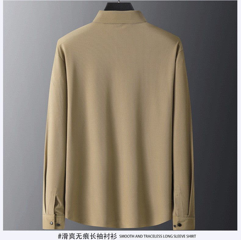 Stretch Elastic Stripe Men's Shirt Long Sleeve Classic Blouse Male Elegant Work Big Size Plus Large High Quality Ice Silk Social