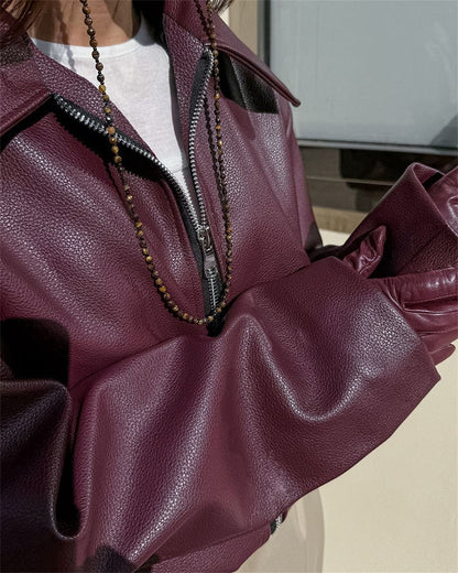 Jaqueta Feminina de Couro Sintético Vermelho Vinho Vintage, Casaco Moderno com Zíper e Lapela, Casacos de Outono Inverno, Blusas Curtas Femininas Estilo Streetwear