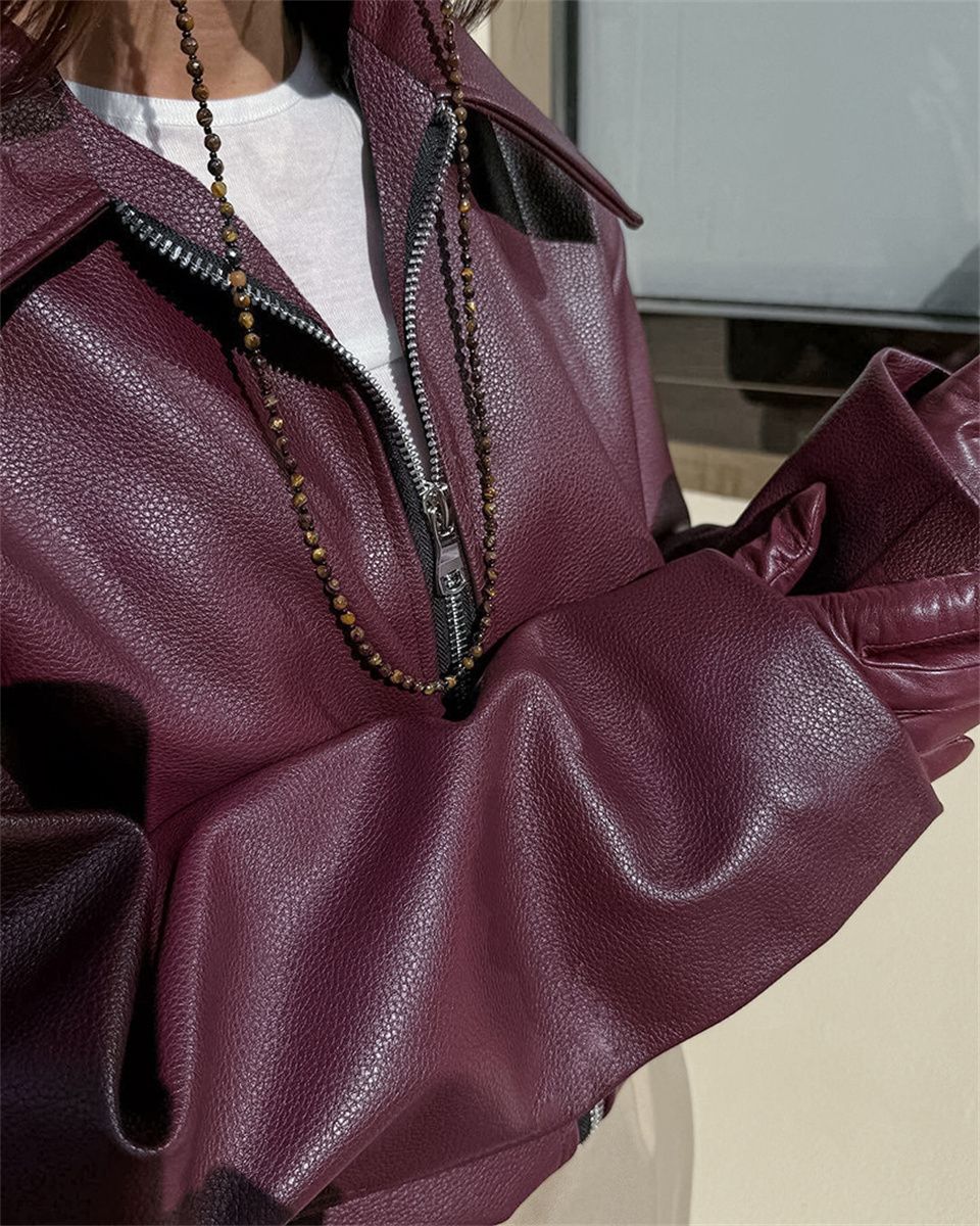 Jaqueta Feminina de Couro Sintético Vermelho Vinho Vintage, Casaco Moderno com Zíper e Lapela, Casacos de Outono Inverno, Blusas Curtas Femininas Estilo Streetwear