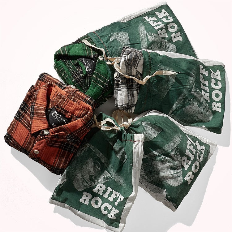 8112# Autumn New Japanese Retro Cargo Sueded Plaid Shirt Men's Fashion 100% Cotton Washed Old Pocket Long Sleeve Casual Blouses