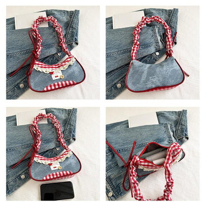 New Cute Checkered Handbags Sweet Lace Underarm Bag Bowknot Armpit Shoulder Crossbody Bag Y2k Fashion Casual Shoulder Bag