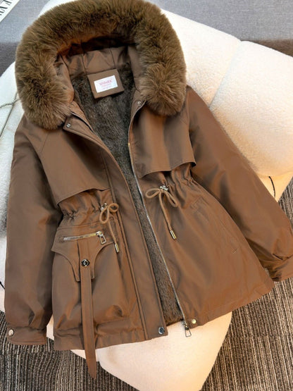 New in Women's Autumn Winter Fashionable Loose Hooded Jacket Solid Color Casual Thick Warm Zipper Parka Coat Clothes Tops