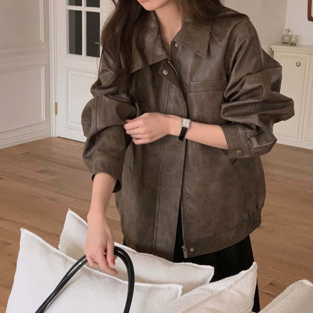 Sli Loose PU Leather Jaet Women's Chic Retro Collar Versatile BF Sle Motorcycle Clothes Trendy Long Sve Zipper