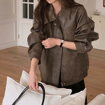 Sli Loose PU Leather Jaet Women's Chic Retro Collar Versatile BF Sle Motorcycle Clothes Trendy Long Sve Zipper