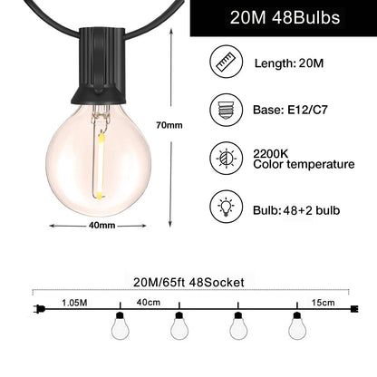 25FT 50FT G40 Fairy String Lights Outdoor Clear Glass Bulbs E12 Socket EU Plug Dimmable Waterproof Patio Decorative Lights Chain