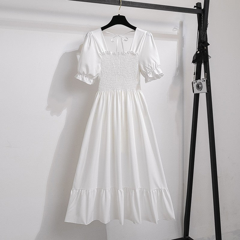 Summer Pleated Women Chiffon Dresses Casual Beach Holiday Short Sleeve Square Co