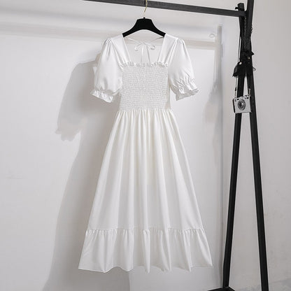 Summer Pleated Women Chiffon Dresses Casual Beach Holiday Short Sleeve Square Co
