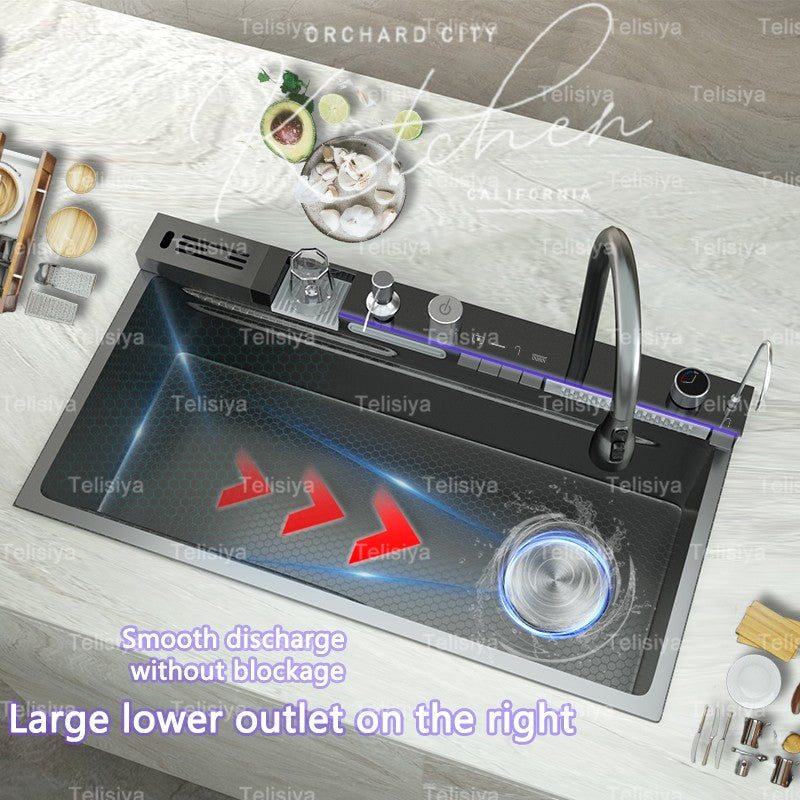 Stainless Steel kitchen Sink With Waterfall Golden Large Single Slot Multifunctional Digital Display Sinks 100*50CM