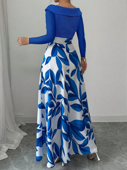 Women's Blue White Floral Maxi Dress Asymmetric Neckline Color Block Design Ideal for Evening Events Garden Parties Elegant Styl