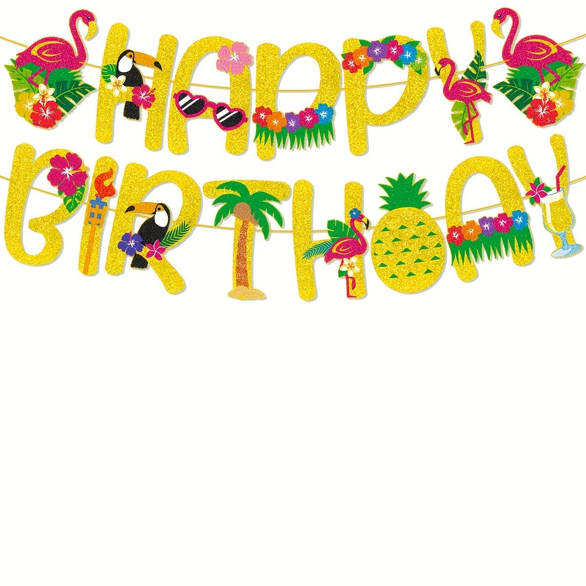 Hawaiian Tropical Happy Birthday Banner, Flamingo Pineapple Palm Tree Party Decoration for Summer Luau
