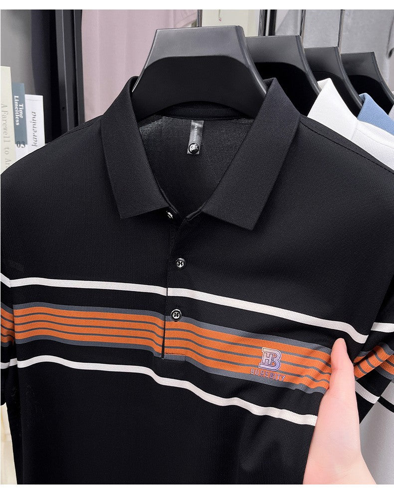 High end letter embossed short sleeve polo shirt luxury brand T-shirt fashion striped summer new ice silk breathable men's top