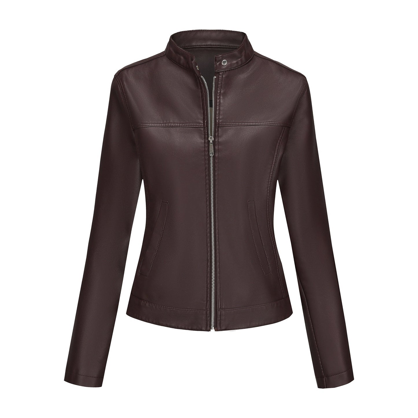 Black Women's Fitted Leather Jacket with Front Zipper & Side Pockets?, Available in Brown, Navy Blue, and Beige.
