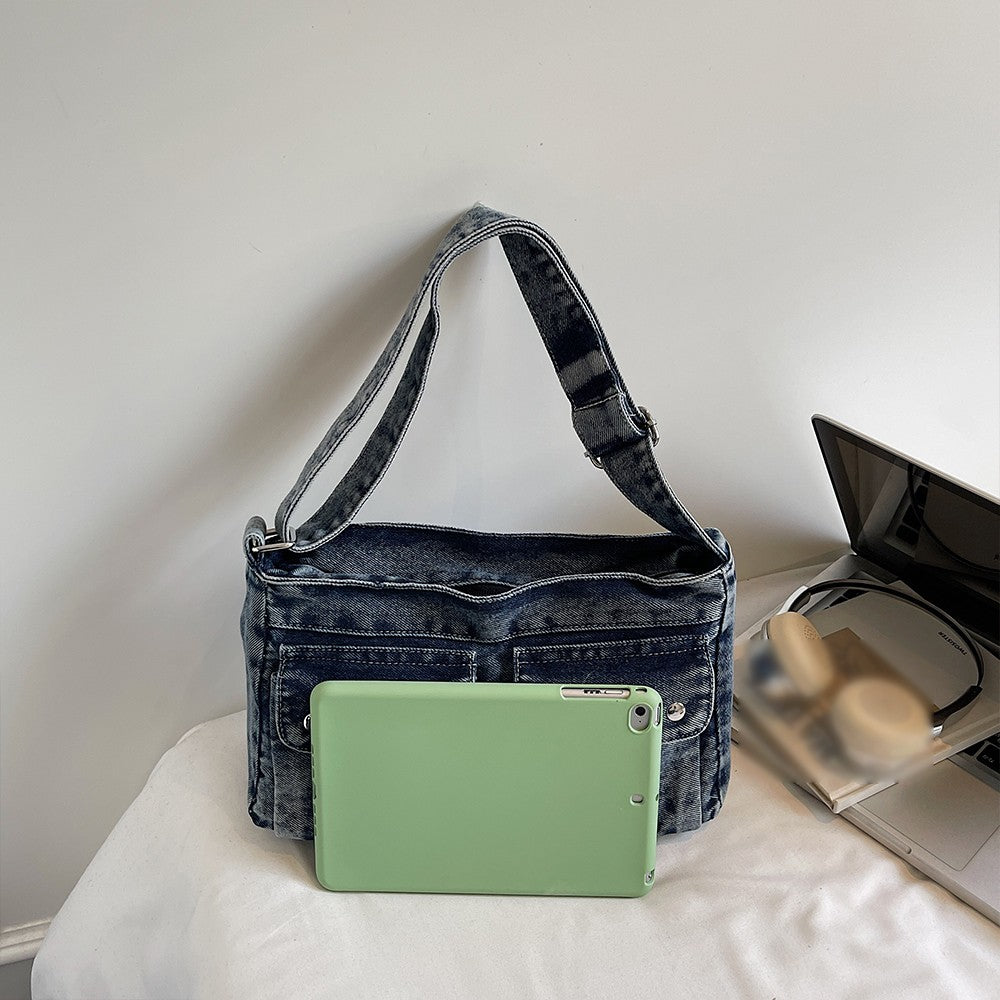 Vintage Washed Canvas Fashionable Bag, Women's Crossbody Bag, Large Capacity Commuting Casual Denim Shoulder Bag